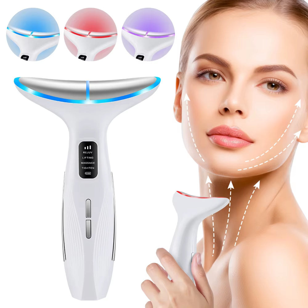 Colour Light Face and Neck Beauty Instrument 7 Modes and 7 Speeds Adjustment with Curved Hand Grip Neck Beauty Instrument