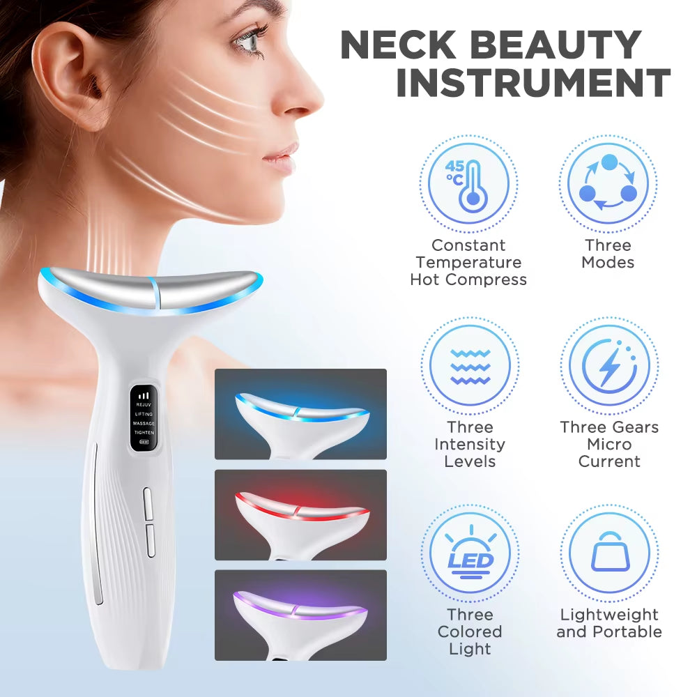 Colour Light Face and Neck Beauty Instrument 7 Modes and 7 Speeds Adjustment with Curved Hand Grip Neck Beauty Instrument
