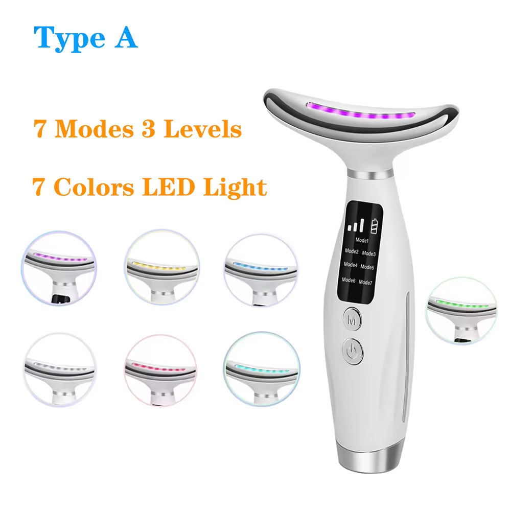 Colour Light Face and Neck Beauty Instrument 7 Modes and 7 Speeds Adjustment with Curved Hand Grip Neck Beauty Instrument