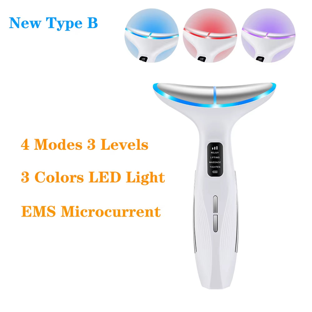 Colour Light Face and Neck Beauty Instrument 7 Modes and 7 Speeds Adjustment with Curved Hand Grip Neck Beauty Instrument