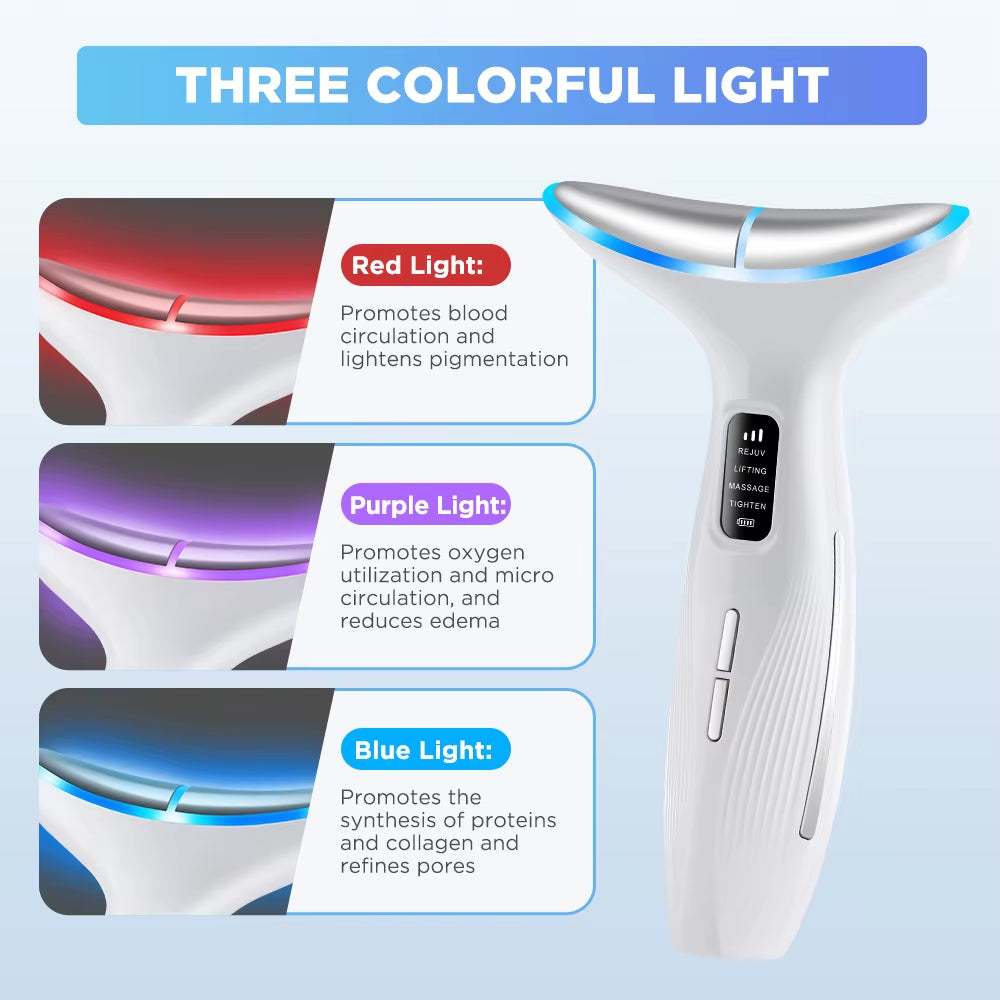 Colour Light Face and Neck Beauty Instrument 7 Modes and 7 Speeds Adjustment with Curved Hand Grip Neck Beauty Instrument